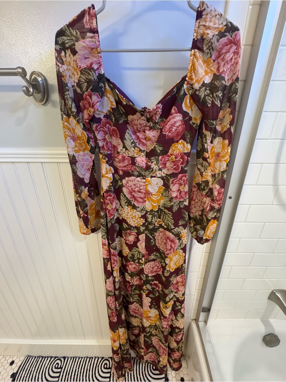 Floral Maroon Maxi Dress with Mustard and Pink Blooms - Picture 6 of 8